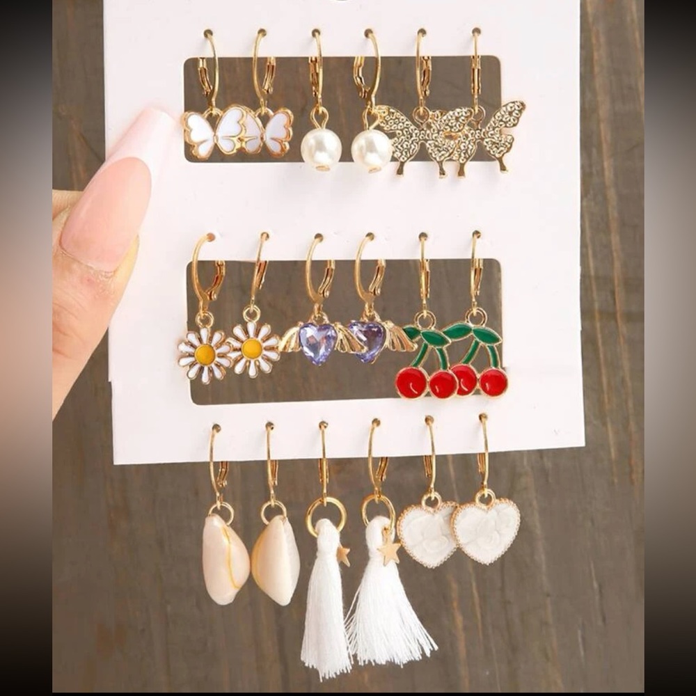 9pairs Butterfly & Cherry Drop Earrings
